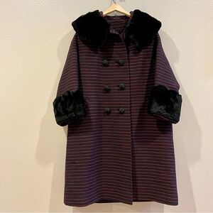 Striped Women's Cape with Faux Fur Trim